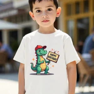Tween Girls/Boys Clothes, Dinosaur Birthday Cotton T-Shirt, White Tee With Cartoon Dinosaur Holding 'Happy Birthday' Sign